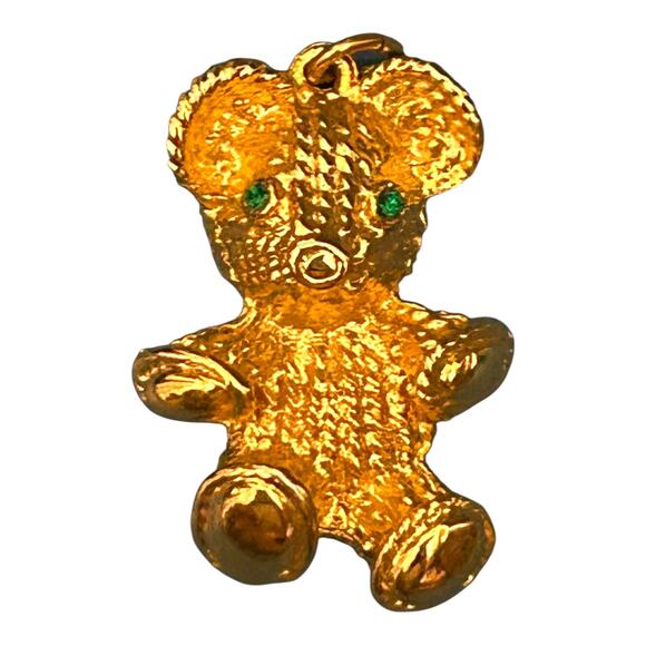 Vintage Teddy Bear Gold Tone Green Eyes Pendant - Picture 5 of 5